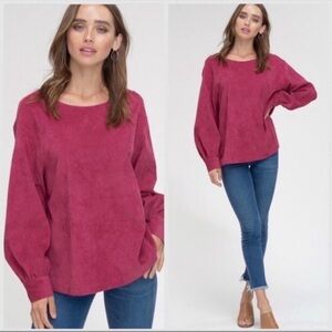 Women's Corduroy Balloon-Sleeve Top - Raspberry